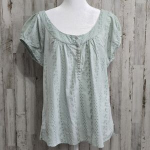 Quizz Again Green Floral Short Puff Sleeve Button Blouse Size Large